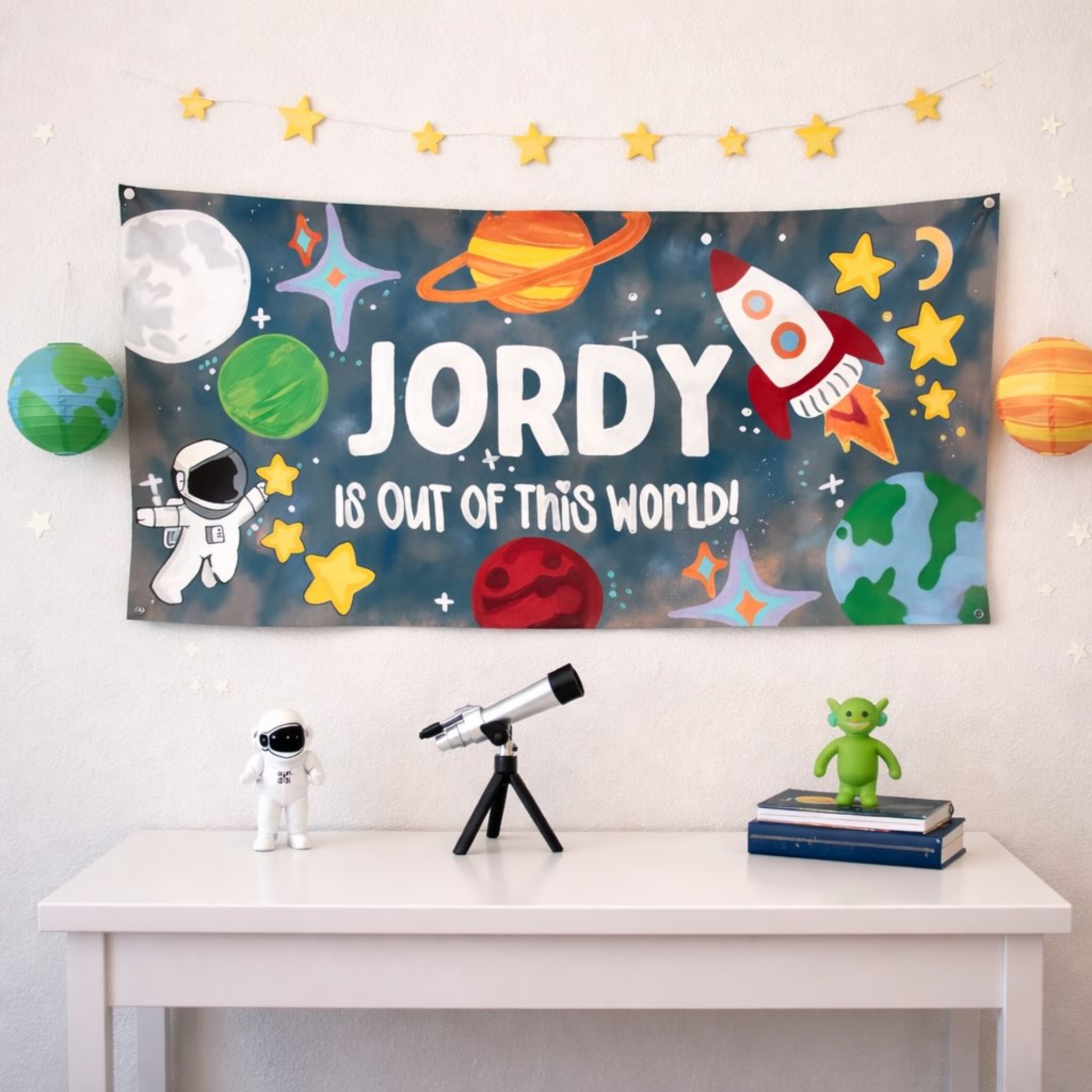 Custom painted space birthday banner